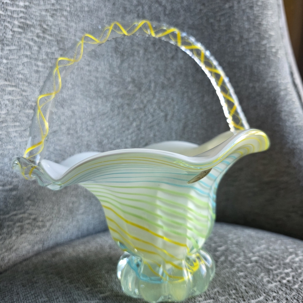 Artisan Glass Basket with Yellow and Blue Highlights